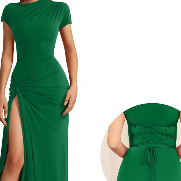 Dresses & Skirts - Women's Boat Neck Ruched High Split Bodycon Dress